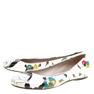 Marc by Marc Jacobs White Multicolor Bird Printed Leather Ballet Flats